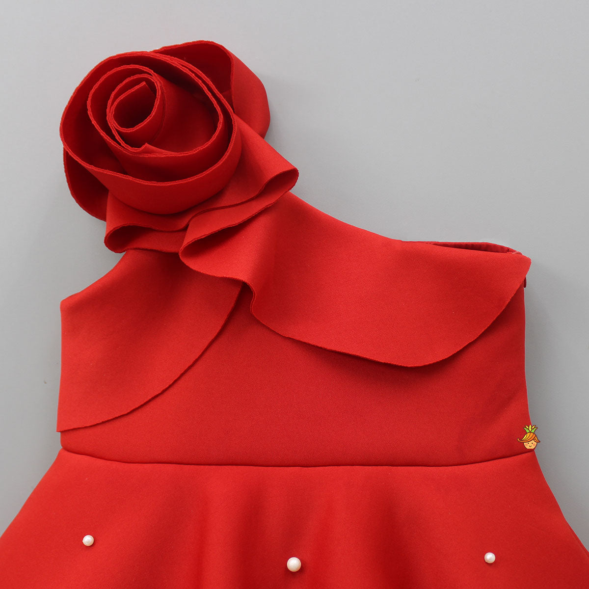 Pre Order: Rose Embellished Frilly Red Scuba Dress