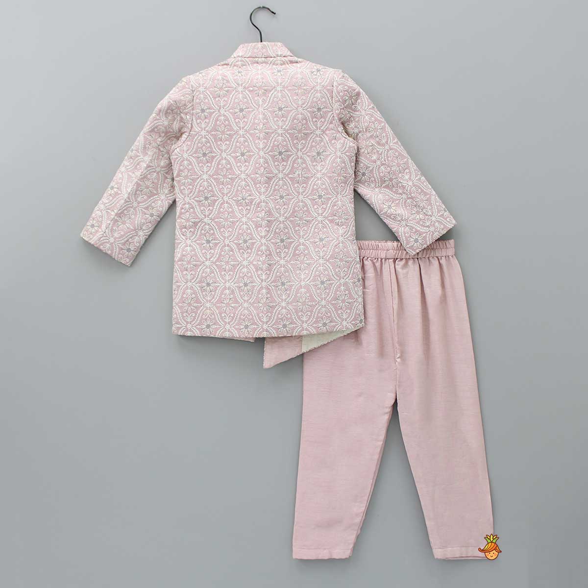 Elegant Front Open Embroidered Asymmetric Pink Sherwani And Pyjama