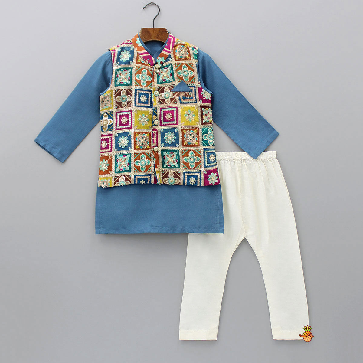 Pre Order: Blue Mandarin Collar Kurta With Embroidered Multicolour Jacket And Pyjama