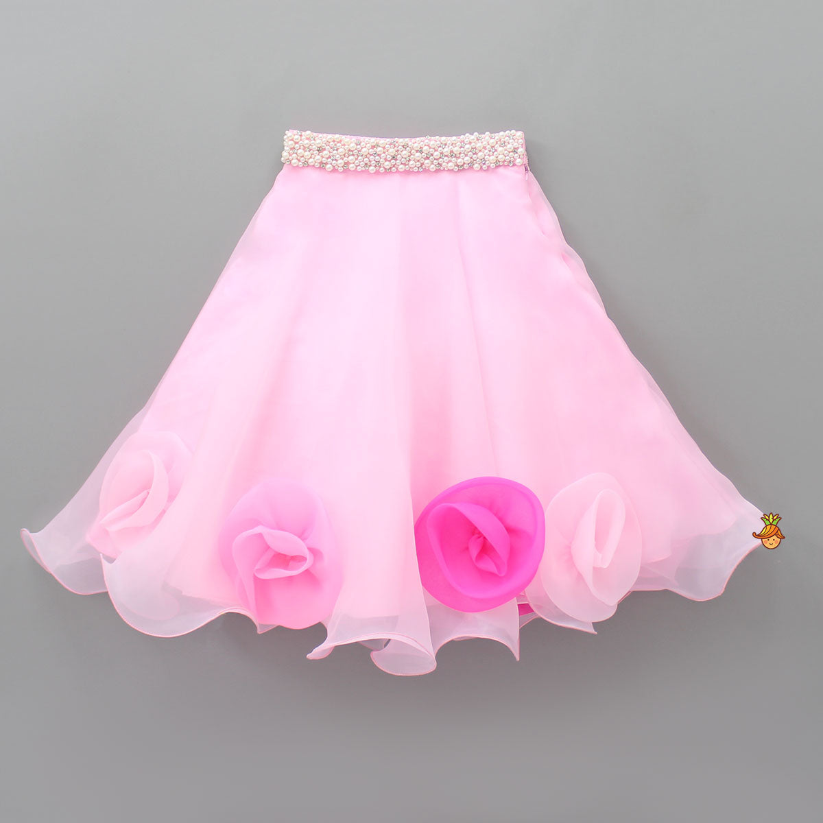 Pre Order: Organza One Shoulder Pink Top And Flower Adorned Flared Lehenga