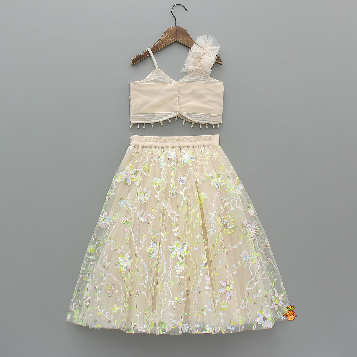 Pre Order: Spaghetti Straps Beige Top And Net Embroidered Lehenga With Dual Tone Stylish Dupatta