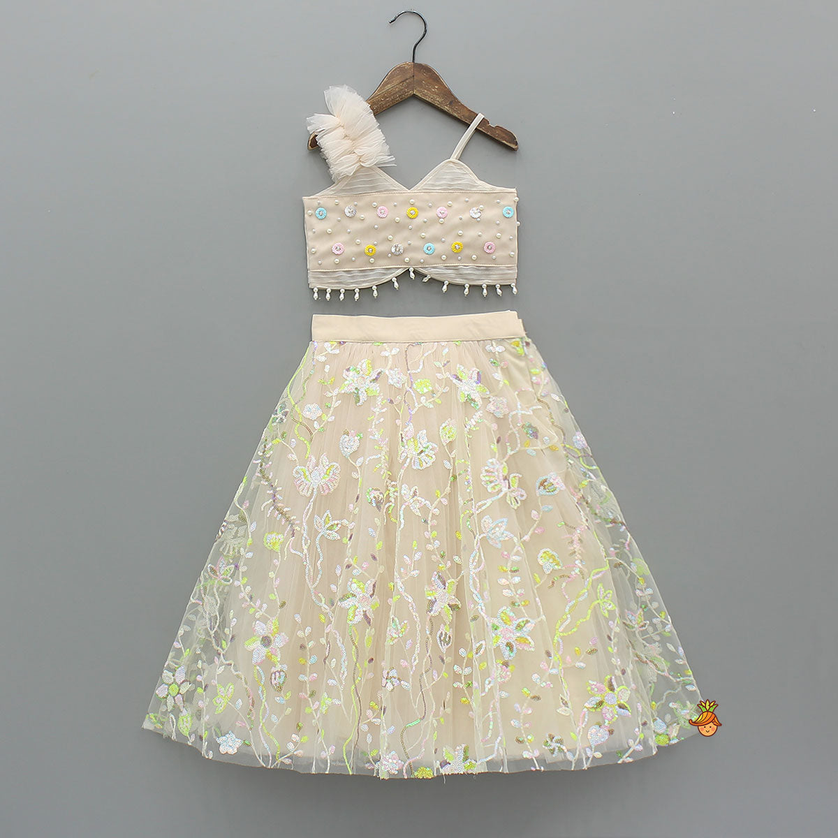 Pre Order: Spaghetti Straps Beige Top And Net Embroidered Lehenga With Dual Tone Stylish Dupatta