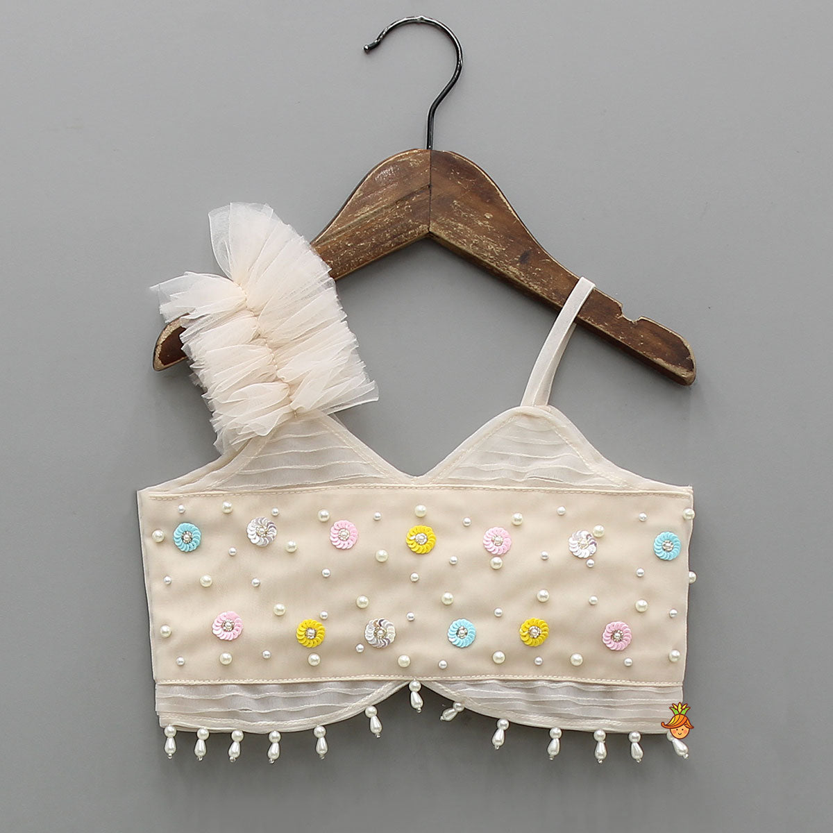 Pre Order: Spaghetti Straps Beige Top And Net Embroidered Lehenga With Dual Tone Stylish Dupatta