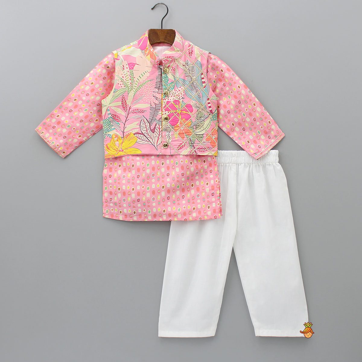 Pre Order: Lace Detailed Front Placket Mandarin Collar Pink Kurta With Floral Jacket And Pyjama