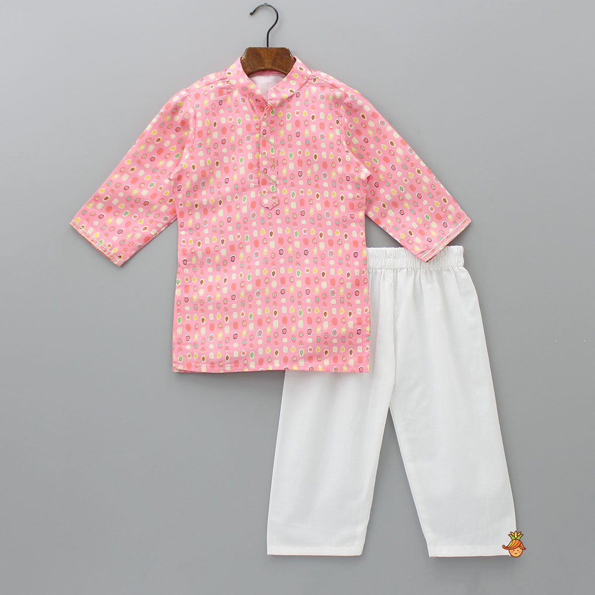 Pre Order: Lace Detailed Front Placket Mandarin Collar Pink Kurta With Floral Jacket And Pyjama