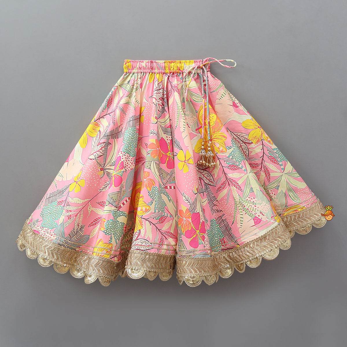 Pre Order: Buttons Adorned Pink Top And Scalloped Lace Work Floral Lehenga