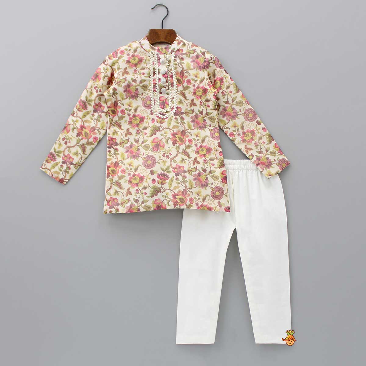 Pre Order: Gota Lace Detail Front Placket Floral Multicolour Kurta And Pyjama