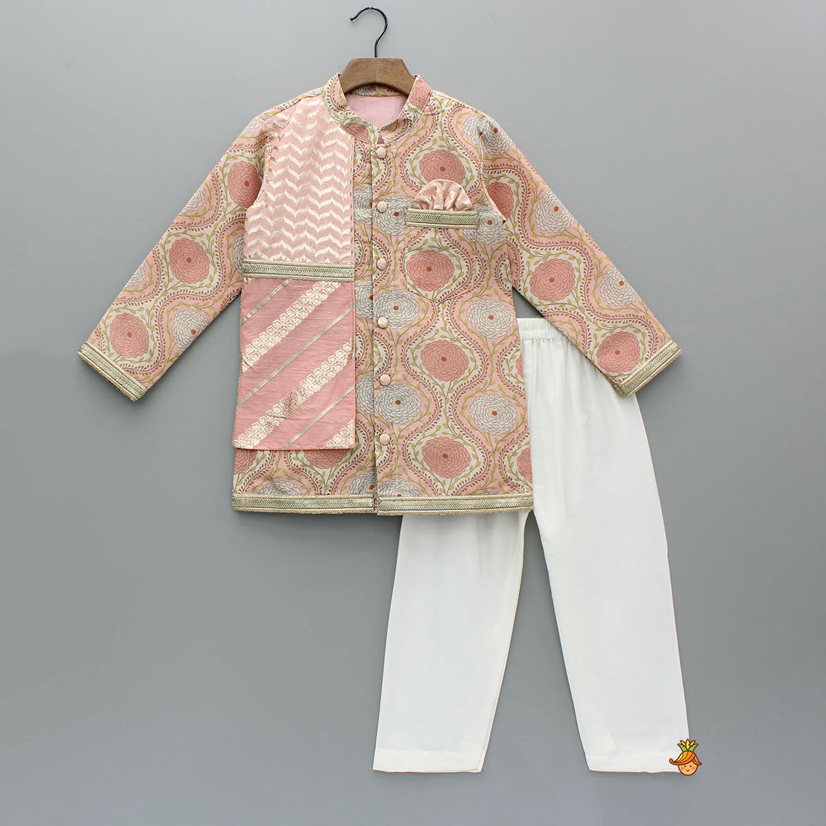 Pre Order: Double Layered Flap Peach Ethnic Kurta And Off White Pyjama