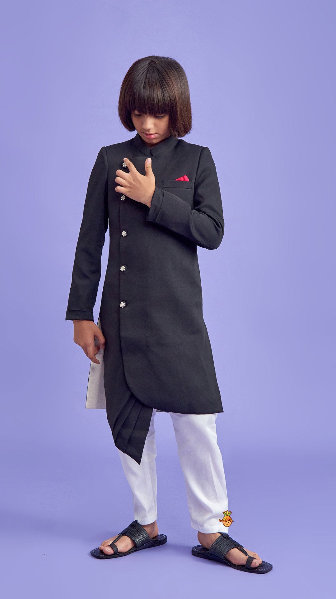 Pre Order: Contrasting Pocket Square Black Sherwani And Pyjama