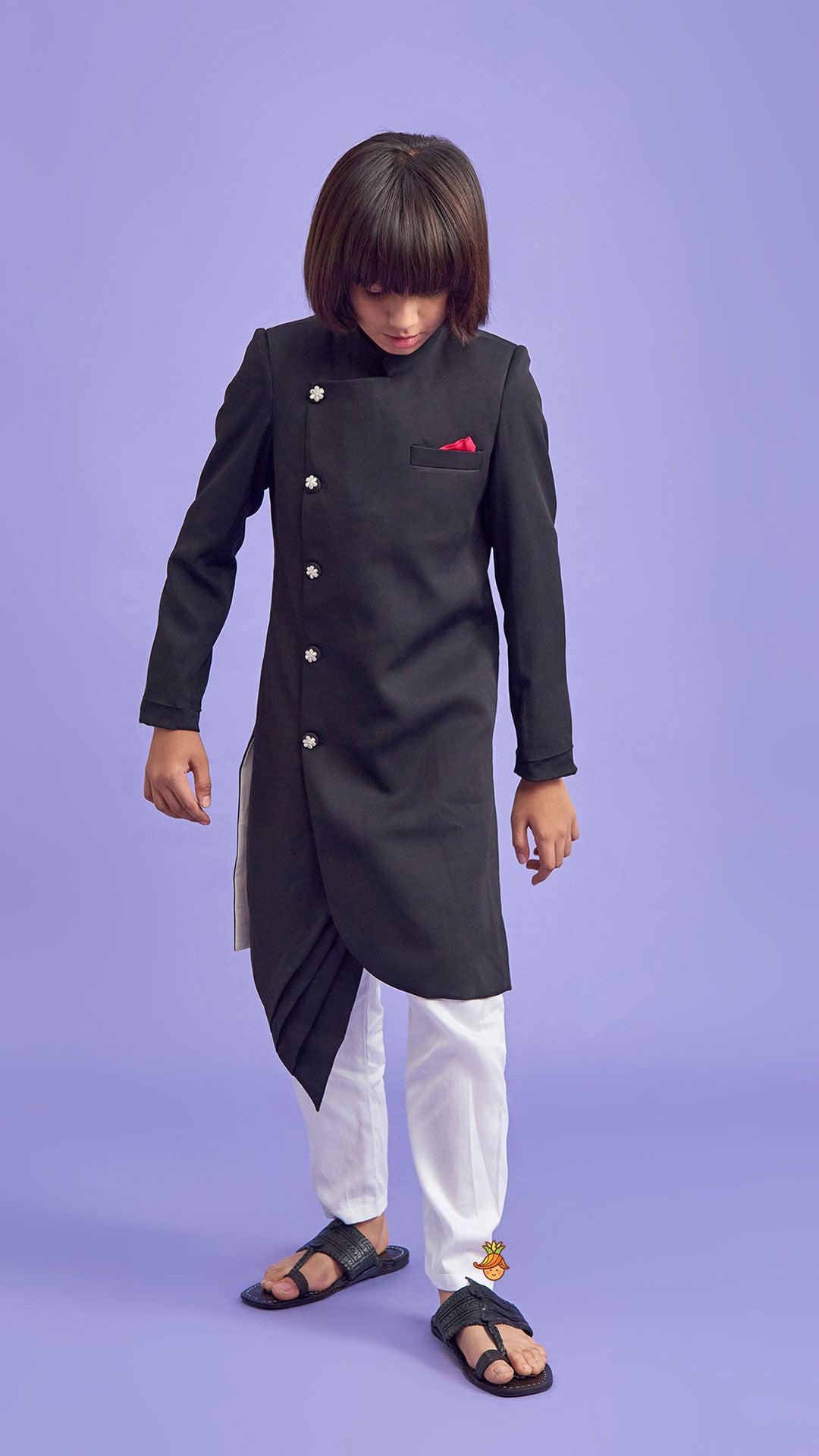 Pre Order: Contrasting Pocket Square Black Sherwani And Pyjama