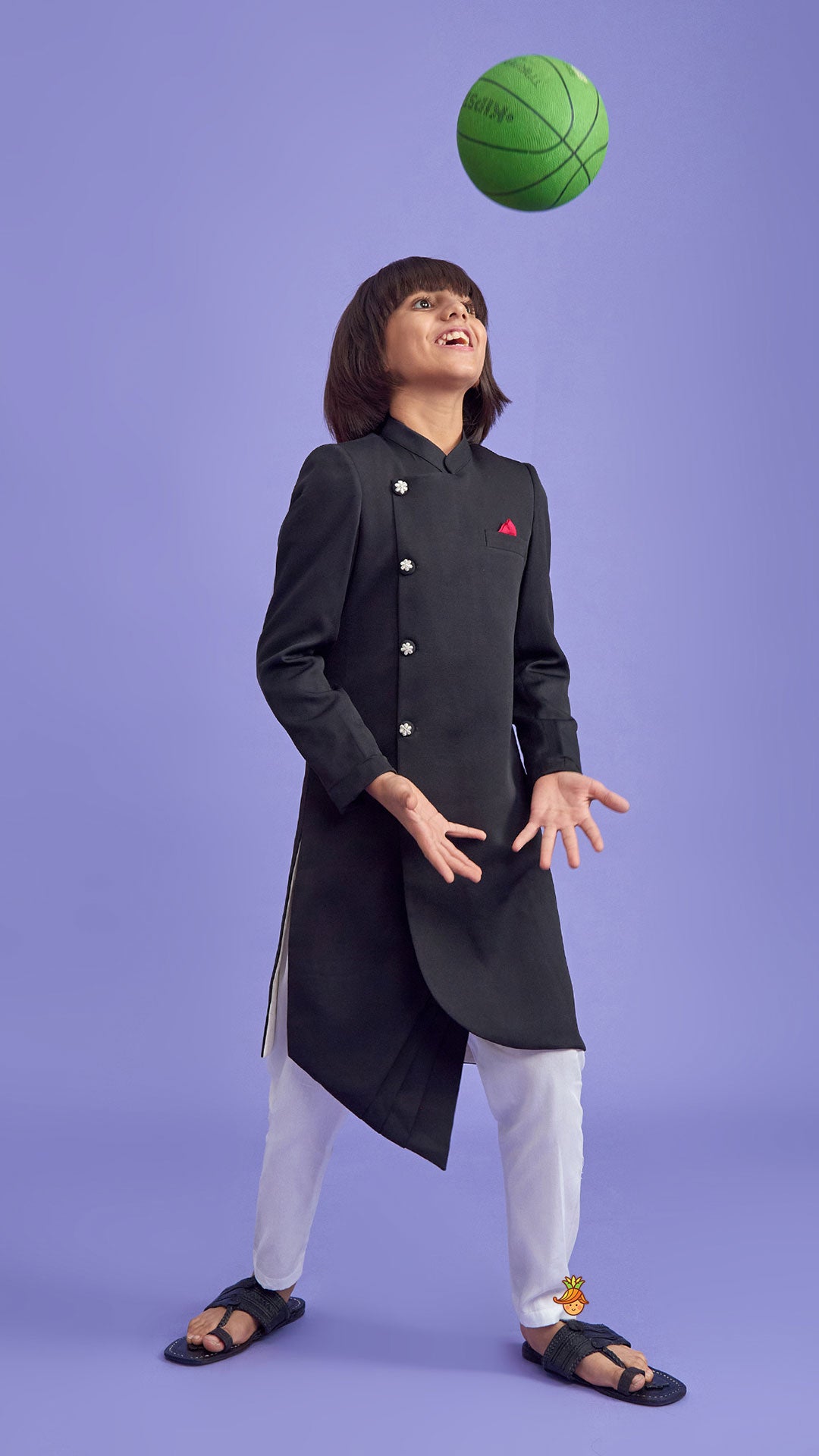 Pre Order: Contrasting Pocket Square Black Sherwani And Pyjama