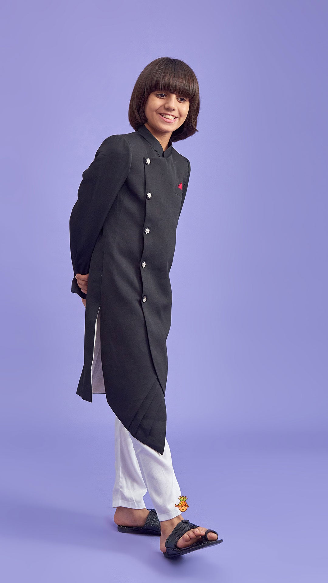 Pre Order: Contrasting Pocket Square Black Sherwani And Pyjama