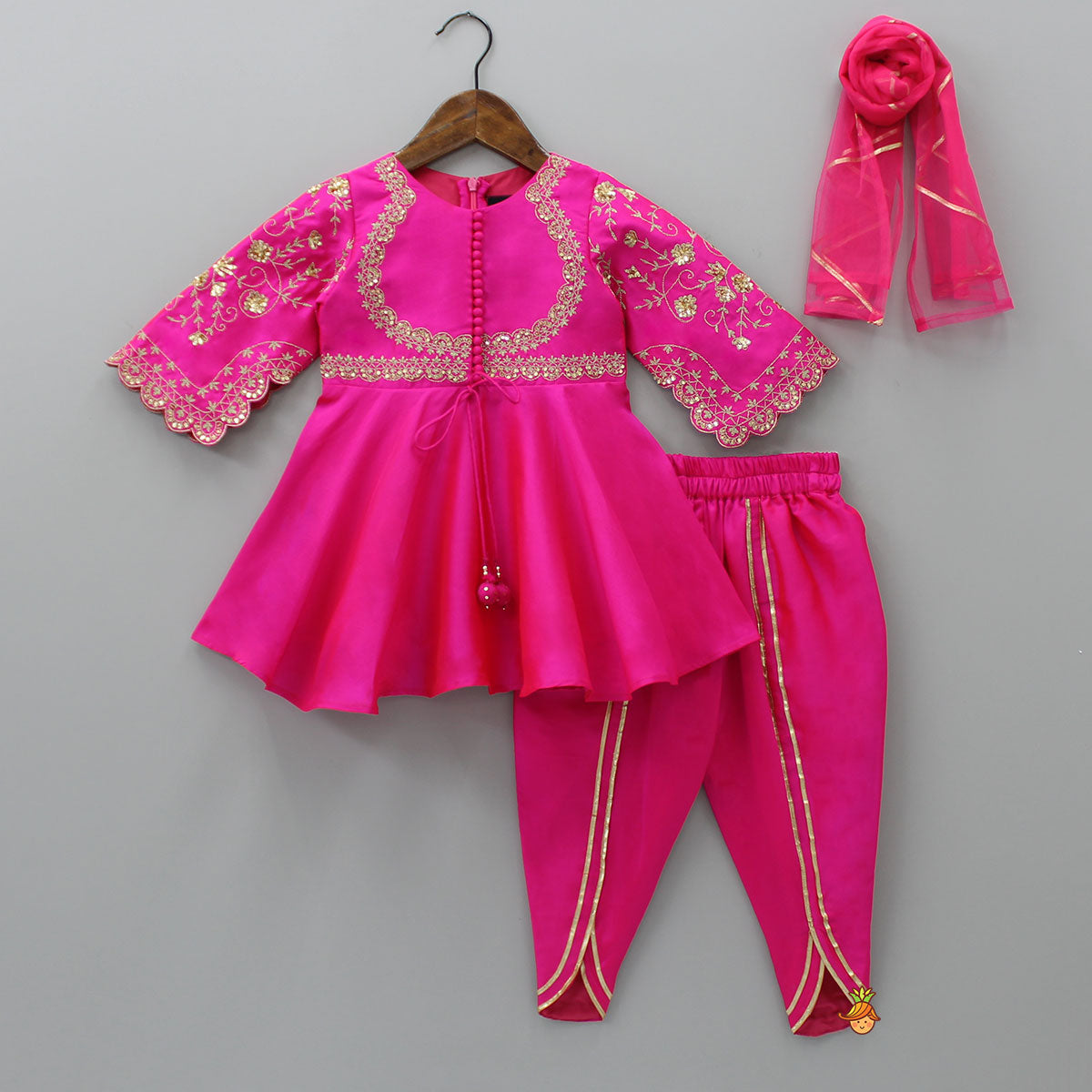 Pre Order: Potli Buttons Detail Front Open Pink Kurti And Dhoti With Net Dupatta