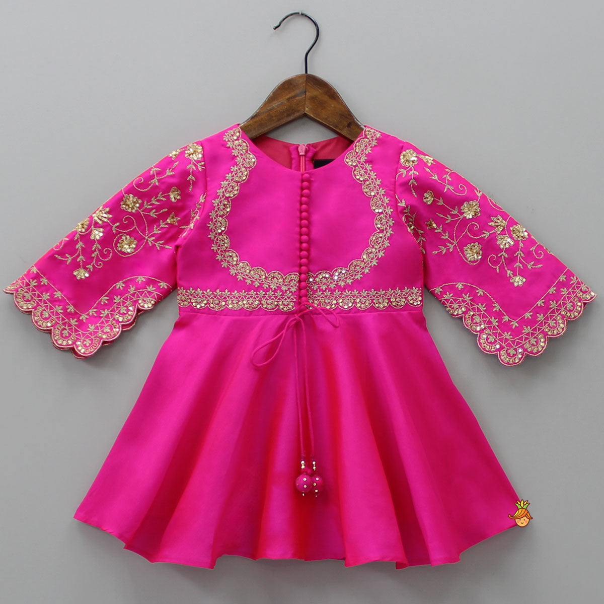 Pre Order: Potli Buttons Detail Front Open Pink Kurti And Dhoti With Net Dupatta