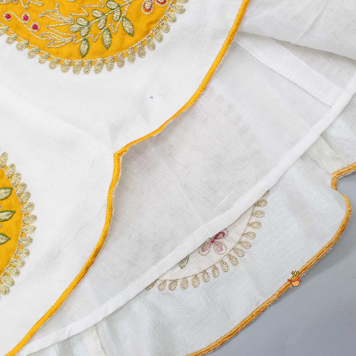 Pre Order: Embroidered Yoke Off White Top And Scalloped Hem Lehenga With Net Dupatta