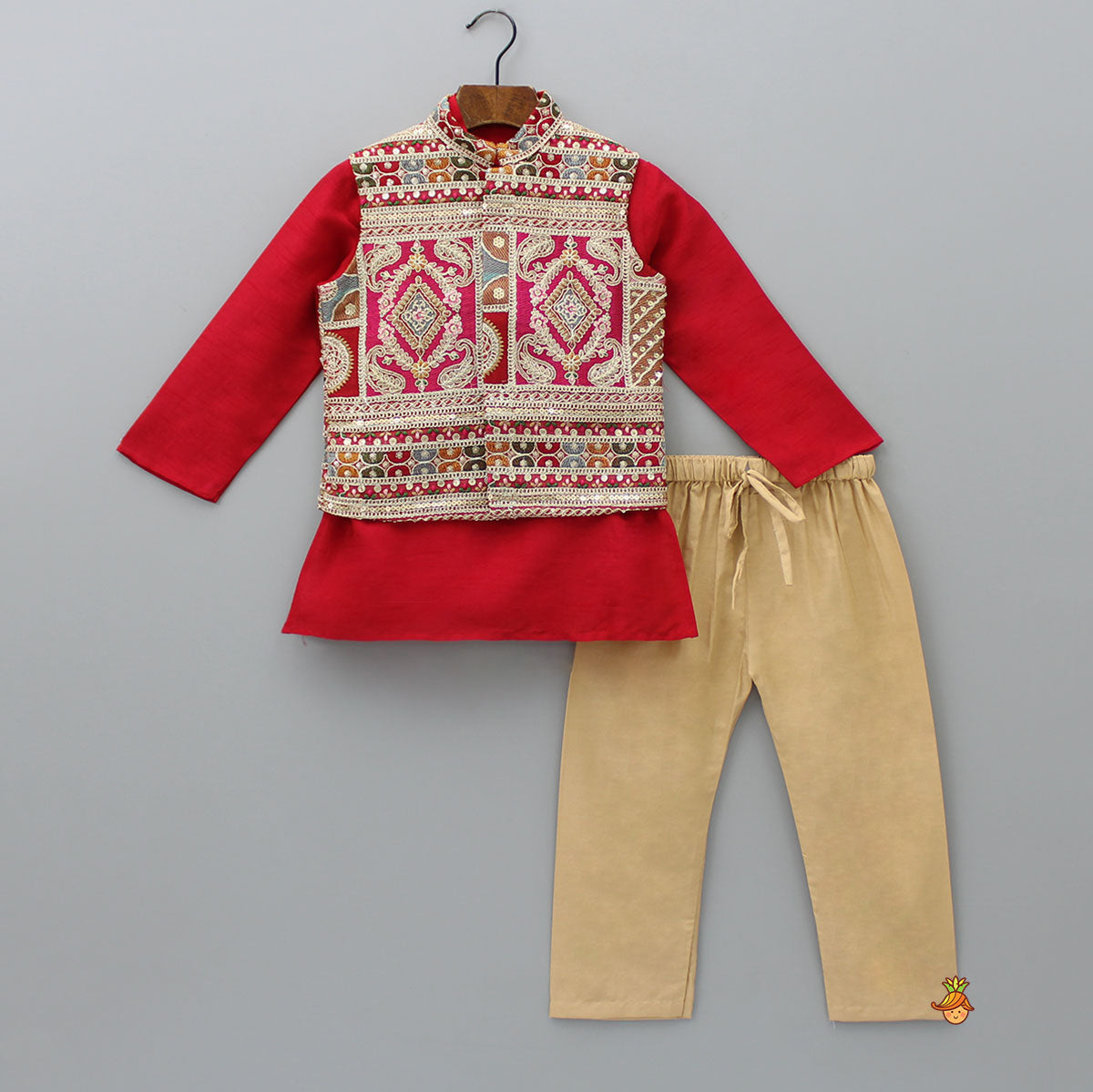 Pre Order: Red Kurta With Beautiful Heavy Embroidered Jacket And Pyjama