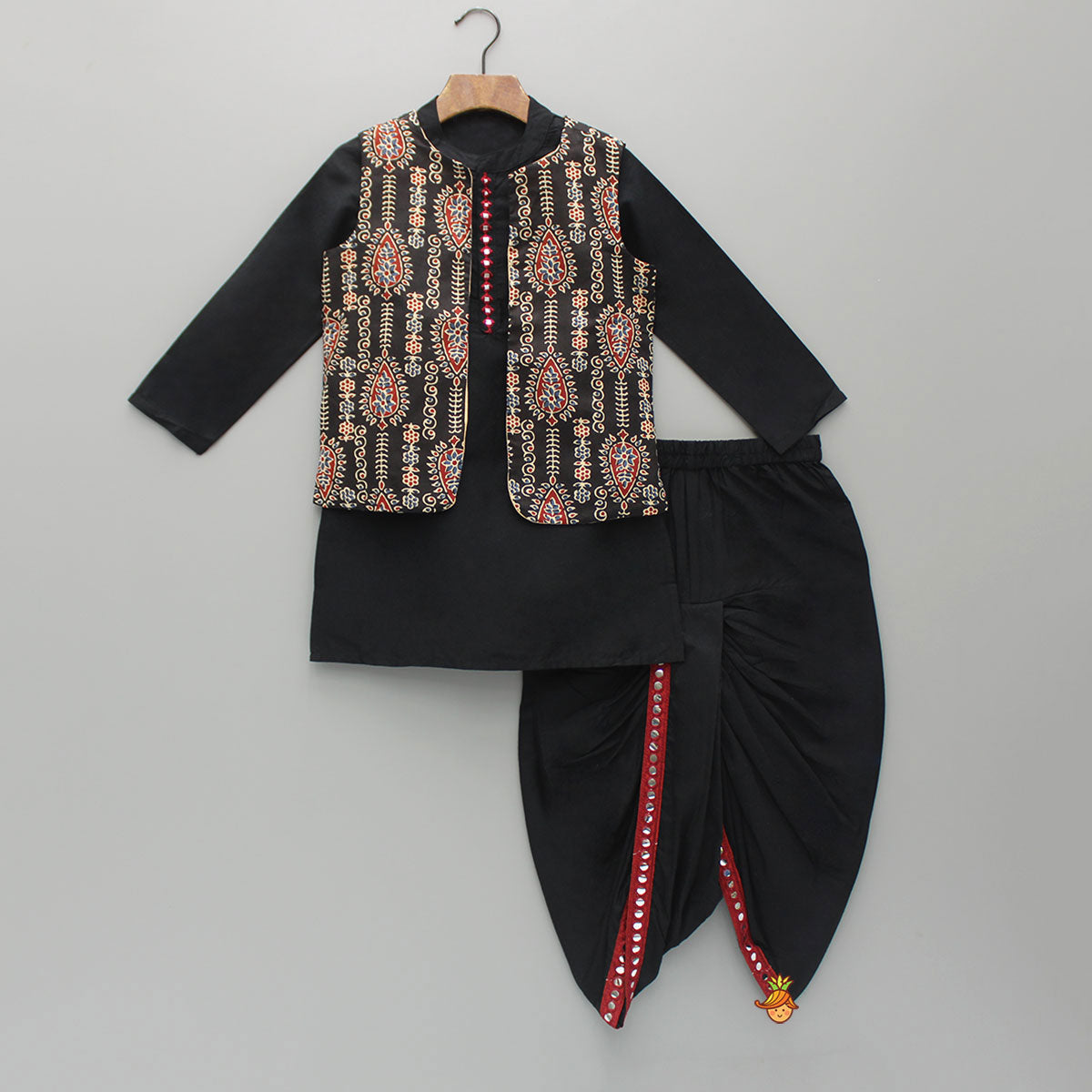 Black Kurta And Printed Jacket With Dhoti