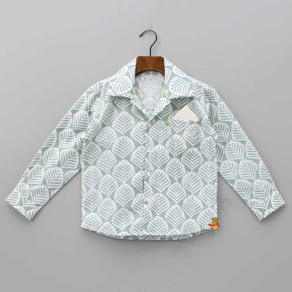 Pocket Detail Printed Collar Neck Green And White Shirt