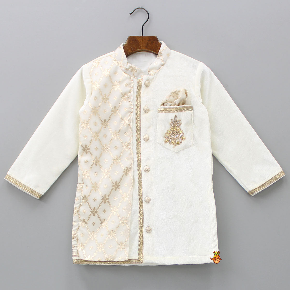 Attached Flap Off White Velvet Kurta And Pyjama