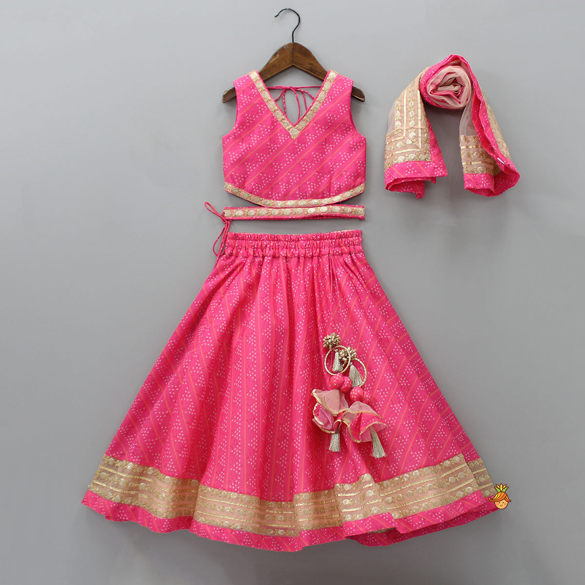 Pre Order: Elegant Pink Top And Fringes Tassels Detail Lehenga With Matching Dupatta