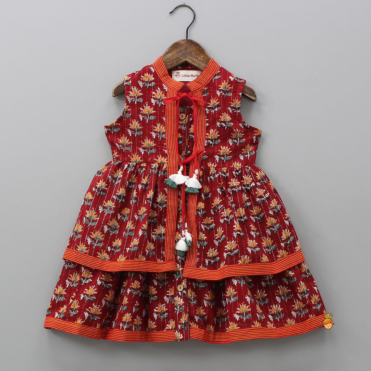 Fringes Tassels Detail Layered Jacket Style Red Kurti