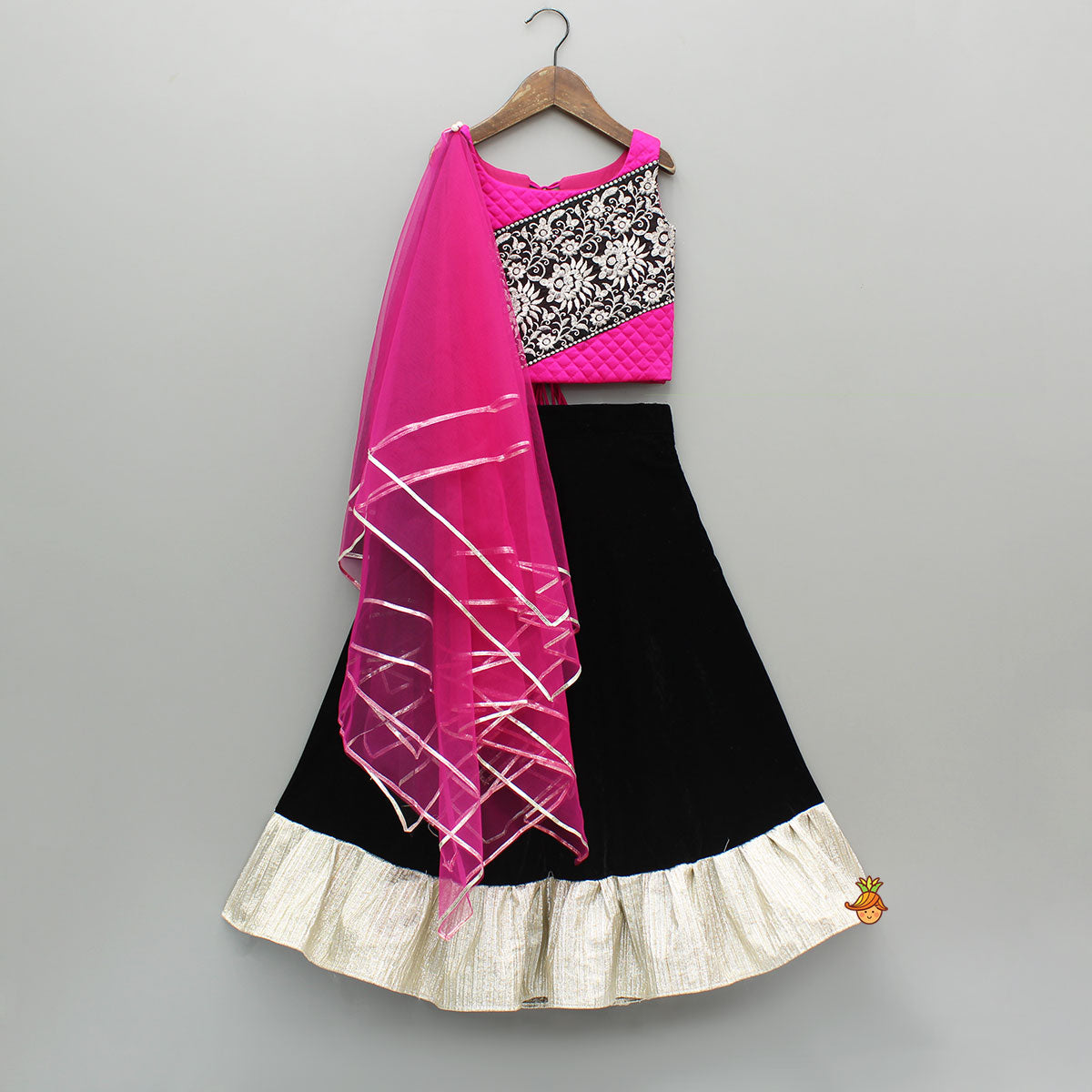 Checks Embroidered Dual Tone Top And Contrasting Tassels Enhanced Black Lehenga With Stylish Net Dupatta