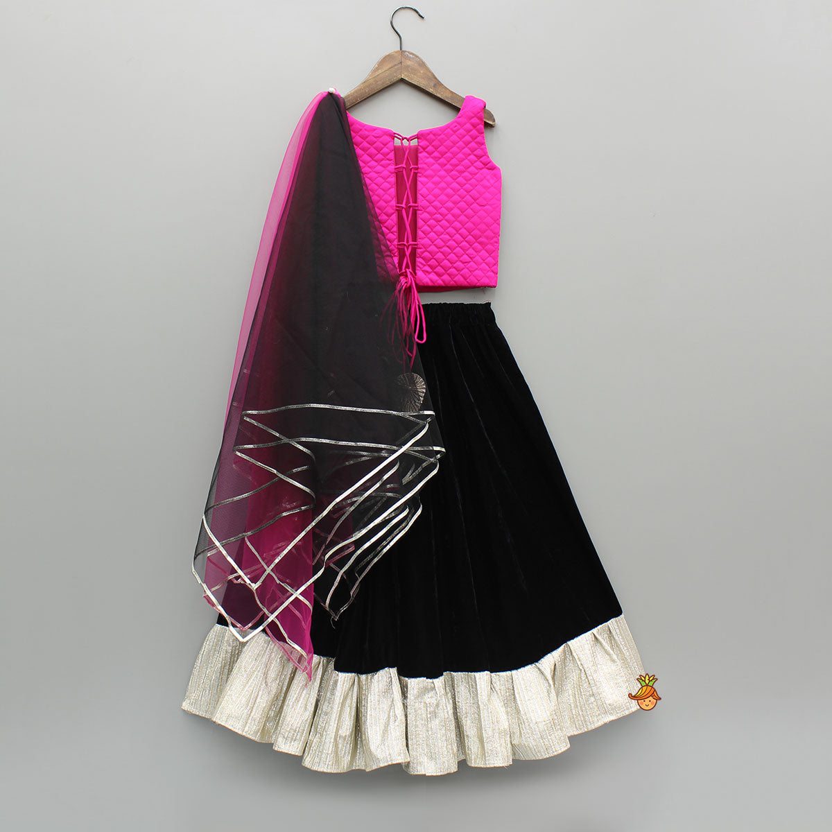 Checks Embroidered Dual Tone Top And Contrasting Tassels Enhanced Black Lehenga With Stylish Net Dupatta