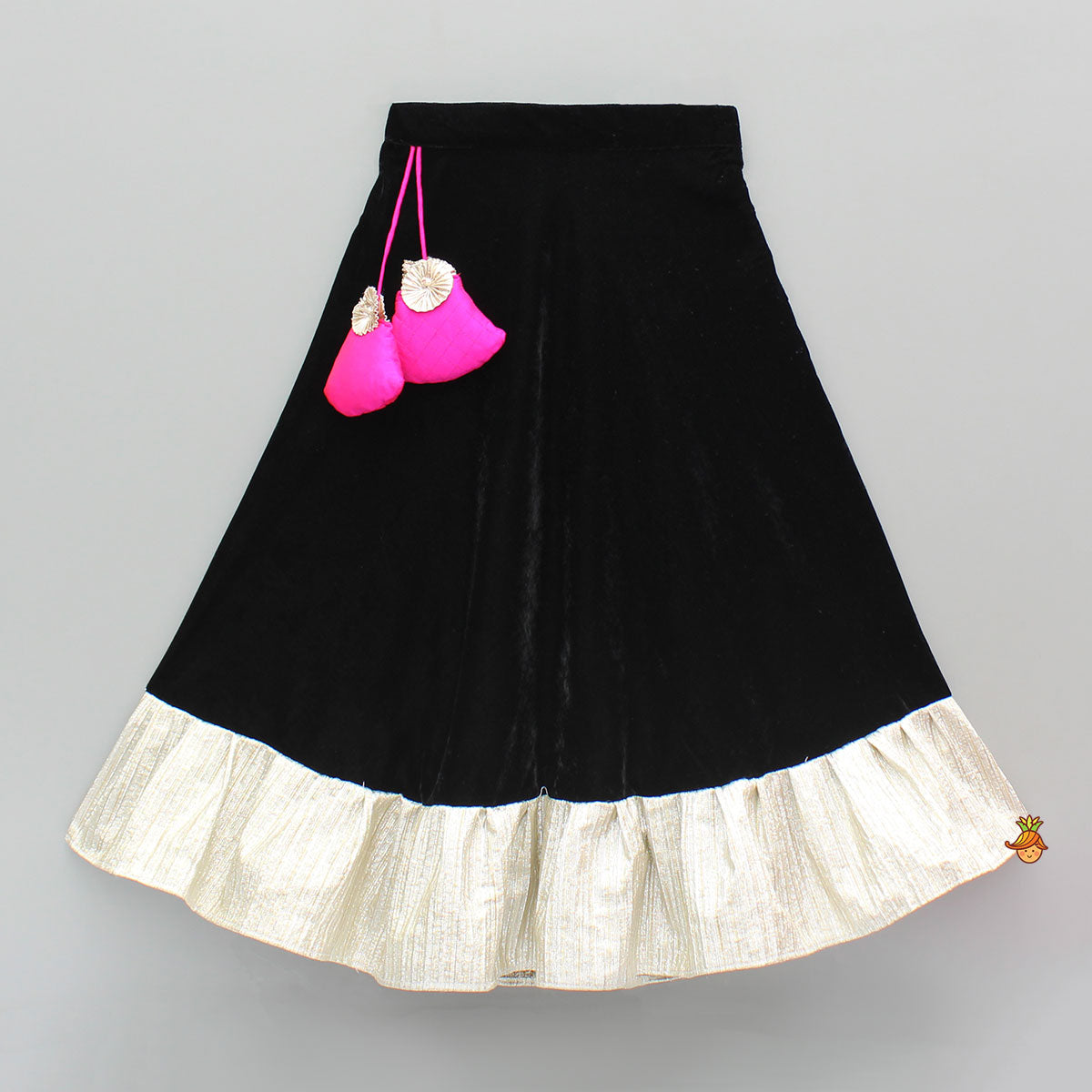 Checks Embroidered Dual Tone Top And Contrasting Tassels Enhanced Black Lehenga With Stylish Net Dupatta
