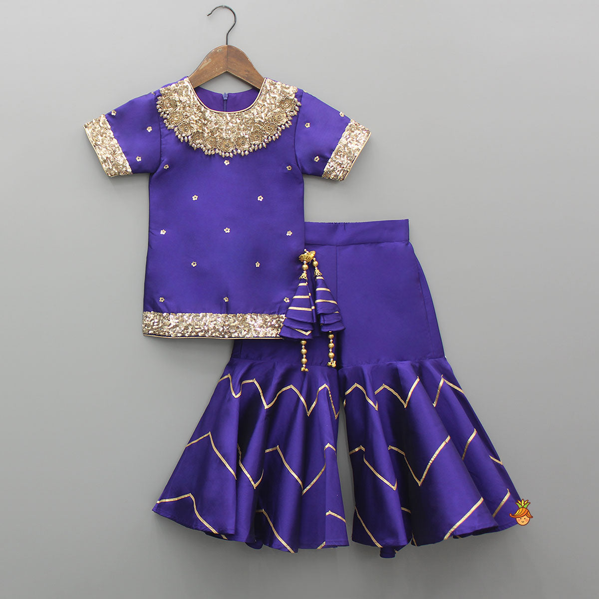 Pre Order: Embroidered Purple Kurti And Sharara With Net Dupatta