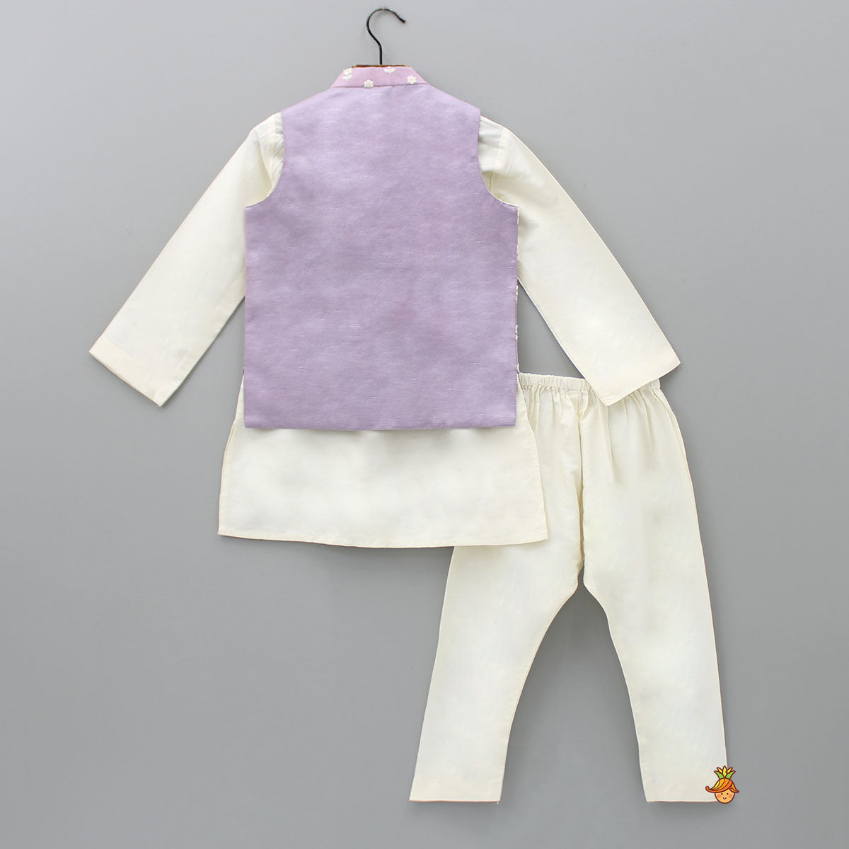 Pre Order: Off White Ethnic Kurta With Lilac Floral Embroidered Asymmetric Jacket And Pyjama