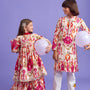 Tassels Enhanced Multicolour Printed Kurti And Sharara With Scalloped Lace Detail Pink Dupatta twinning model image 3