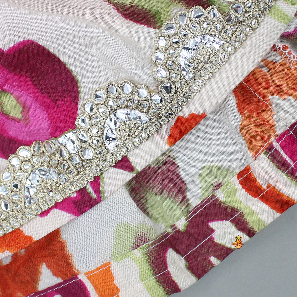 Pre Order: Tassels Enhanced Multicolour Printed Kurti And Sharara With Scalloped Lace Detail Pink Dupatta