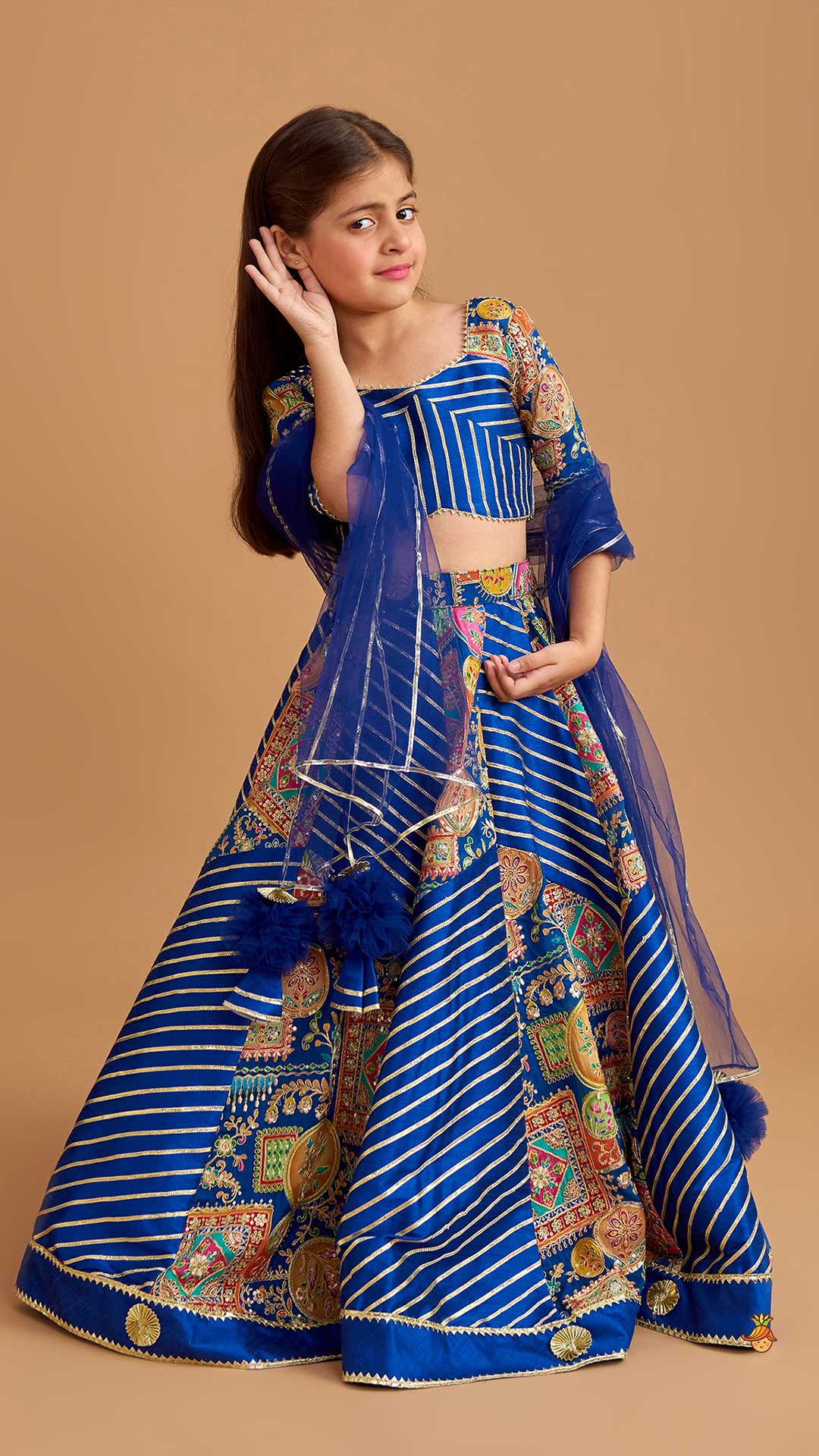Pre Order: Gota Lace Detail Charming Blue Top And Lehenga With Net Dupatta