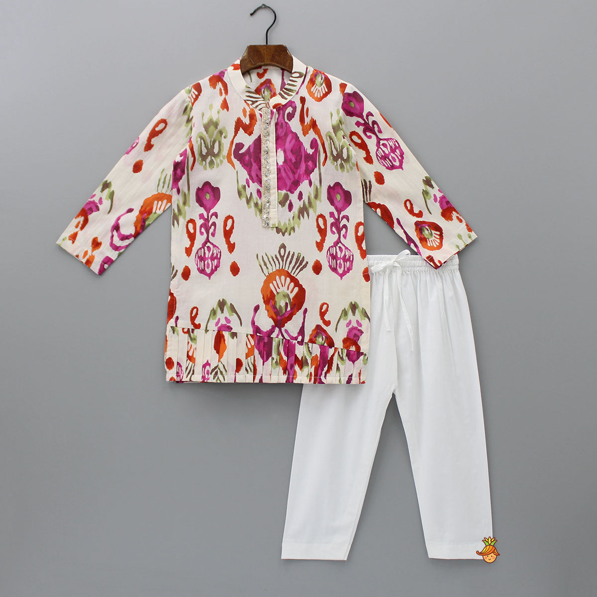 Pre Order: Multicolour Pleated Hem Kurta And Pyjama