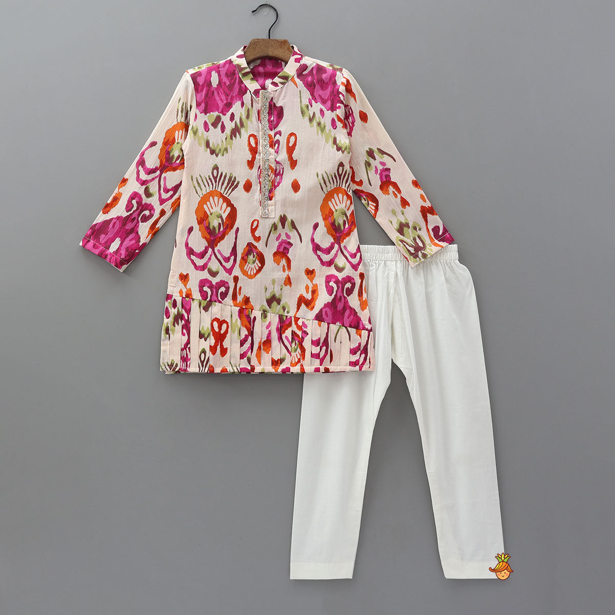 Pre Order: Multicolour Pleated Hem Kurta And Pyjama