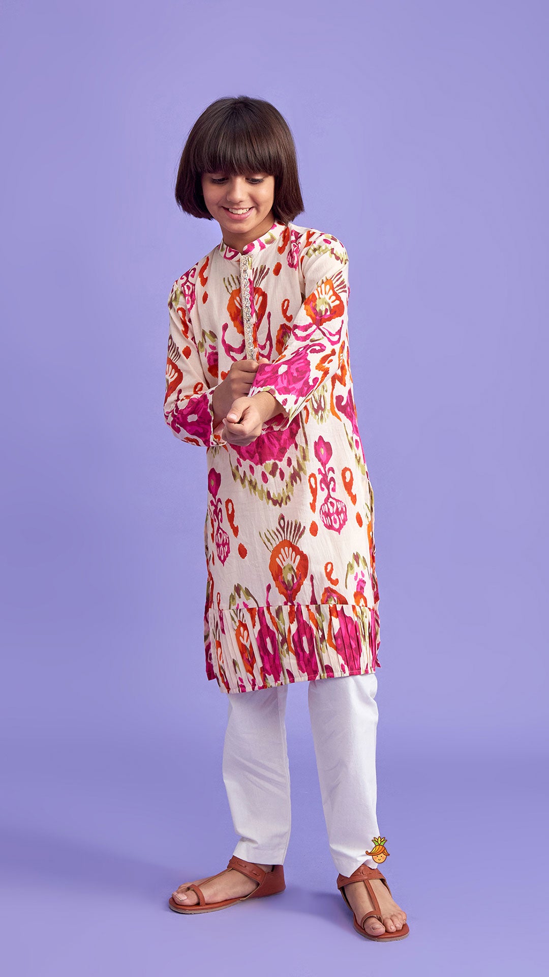 Pre Order: Multicolour Pleated Hem Kurta And Pyjama