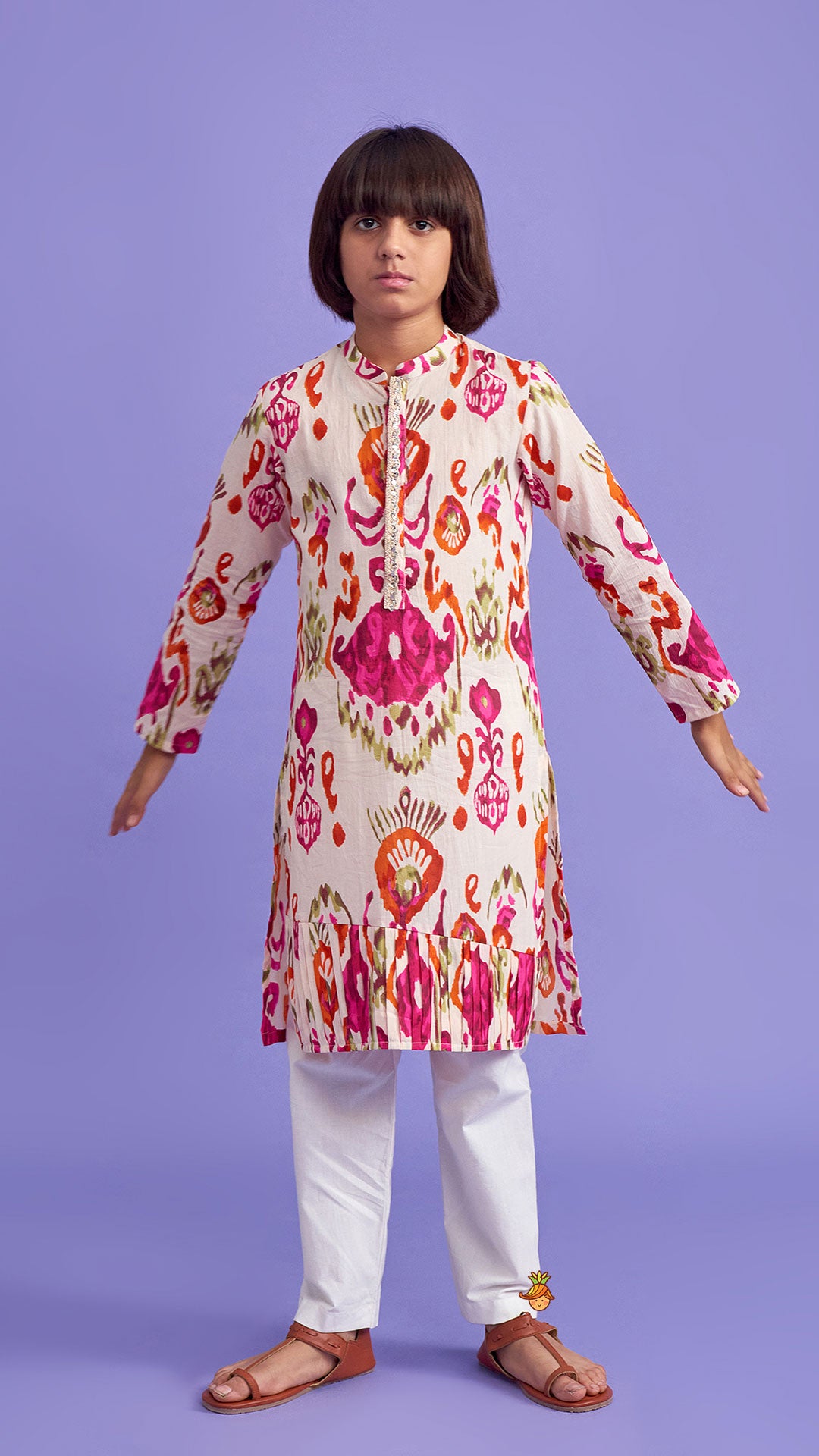 Pre Order: Multicolour Pleated Hem Kurta And Pyjama