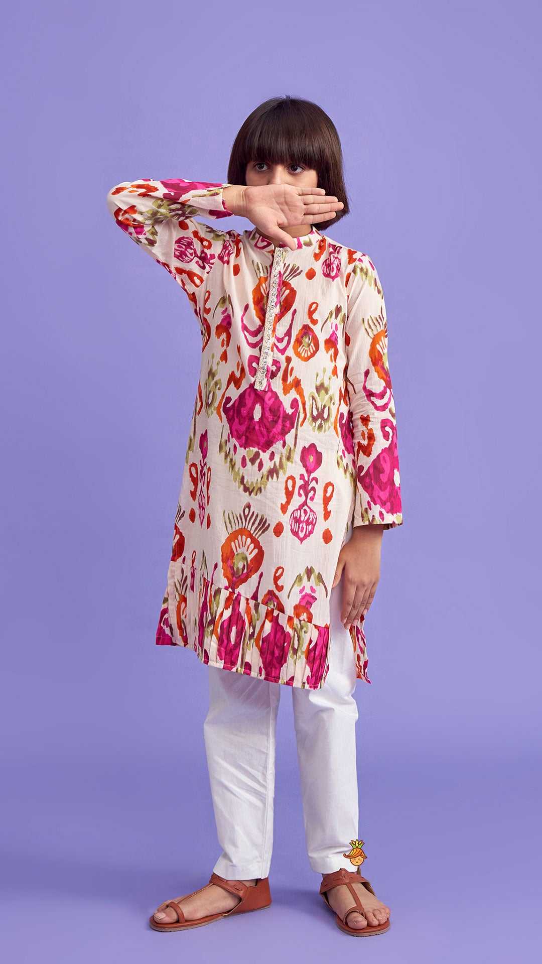 Pre Order: Multicolour Pleated Hem Kurta And Pyjama