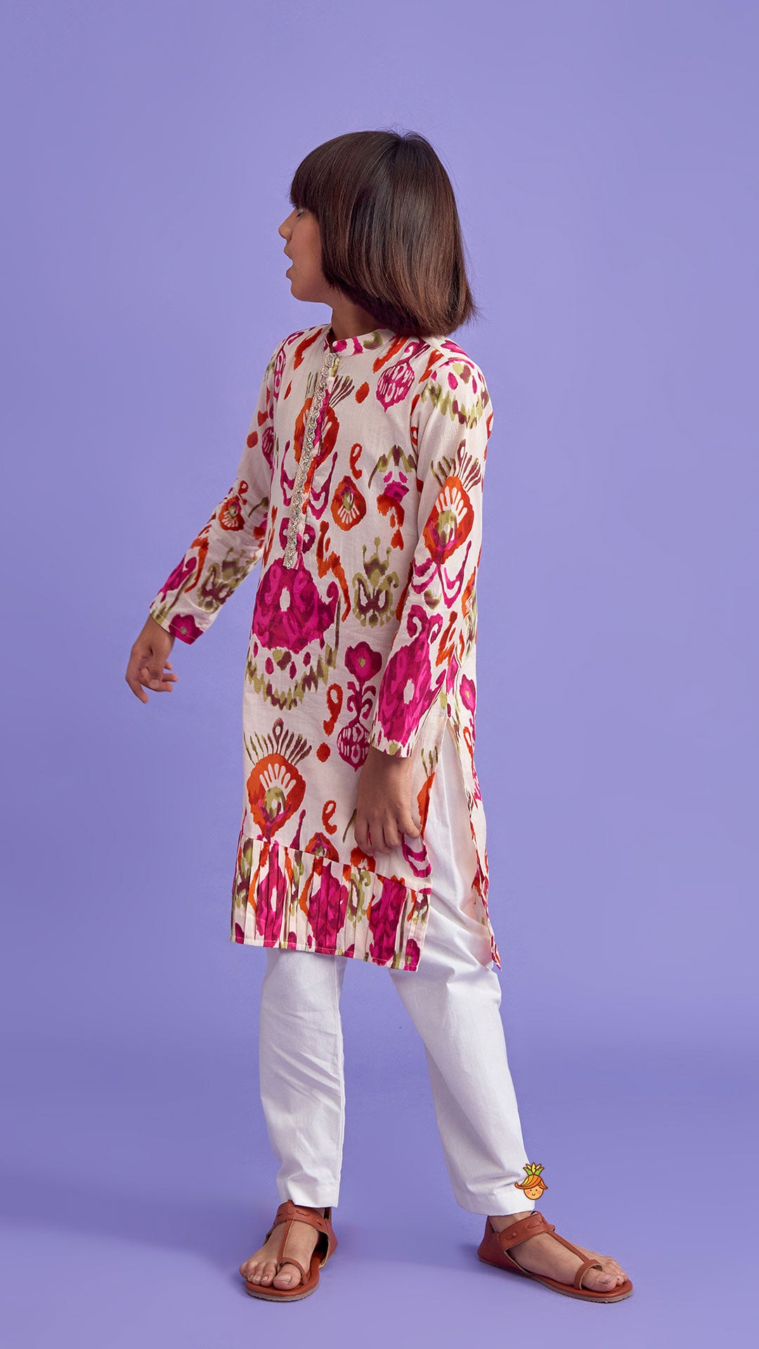 Pre Order: Multicolour Pleated Hem Kurta And Pyjama