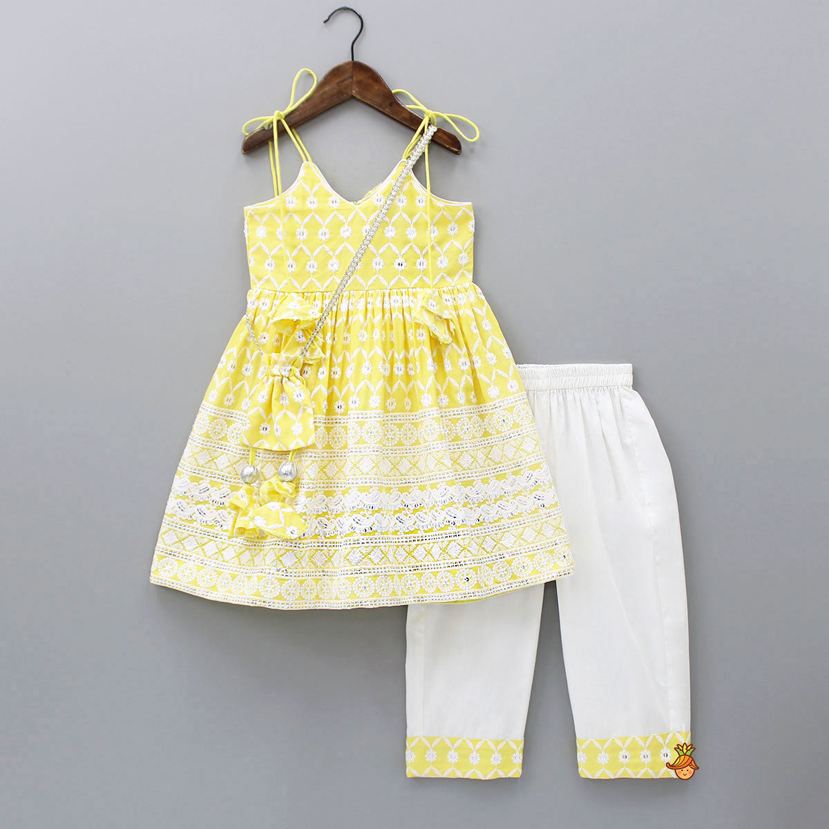 Pre Order: Strappy V Neck Embroidered Yellow Kurti And Pant With Sling Bag