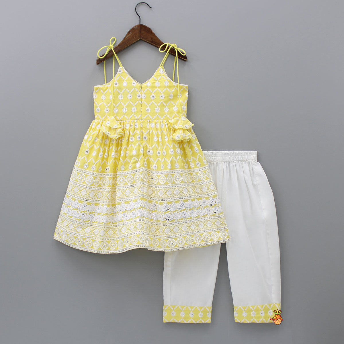 Pre Order: Strappy V Neck Embroidered Yellow Kurti And Pant With Sling Bag