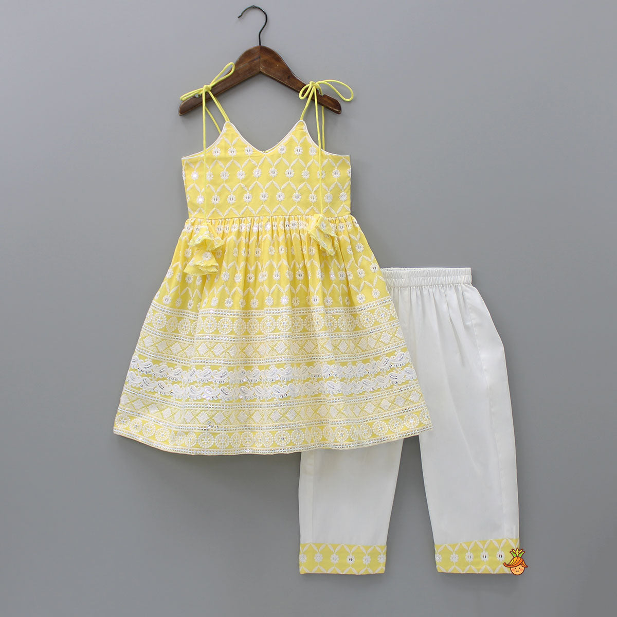 Pre Order: Strappy V Neck Embroidered Yellow Kurti And Pant With Sling Bag