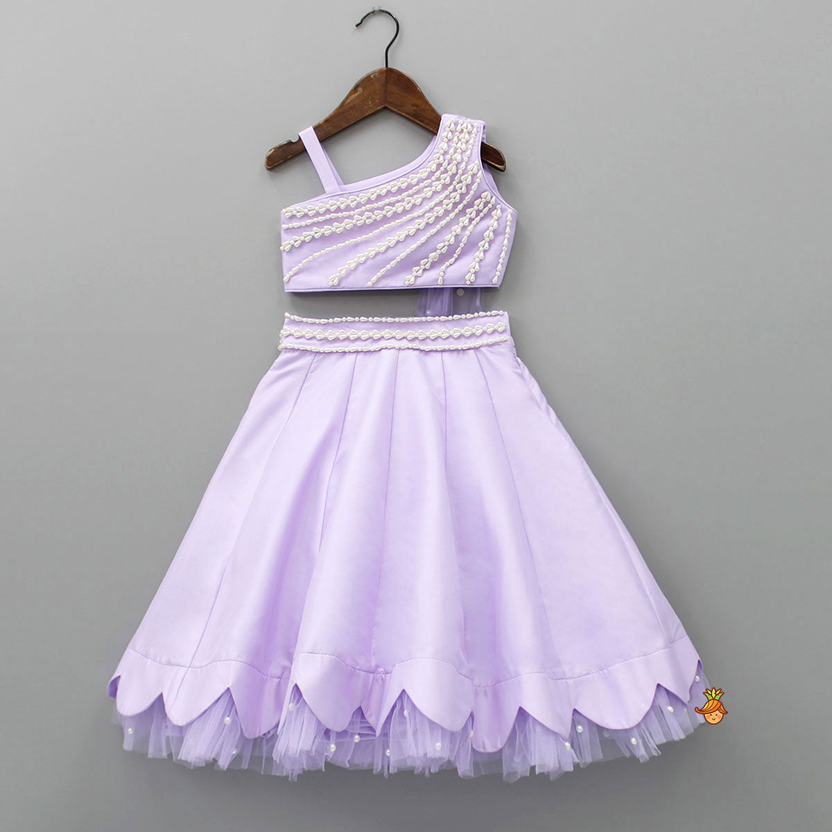 Pre Order: One Shoulder Lilac Drape Top And Scalloped Hem Lehenga