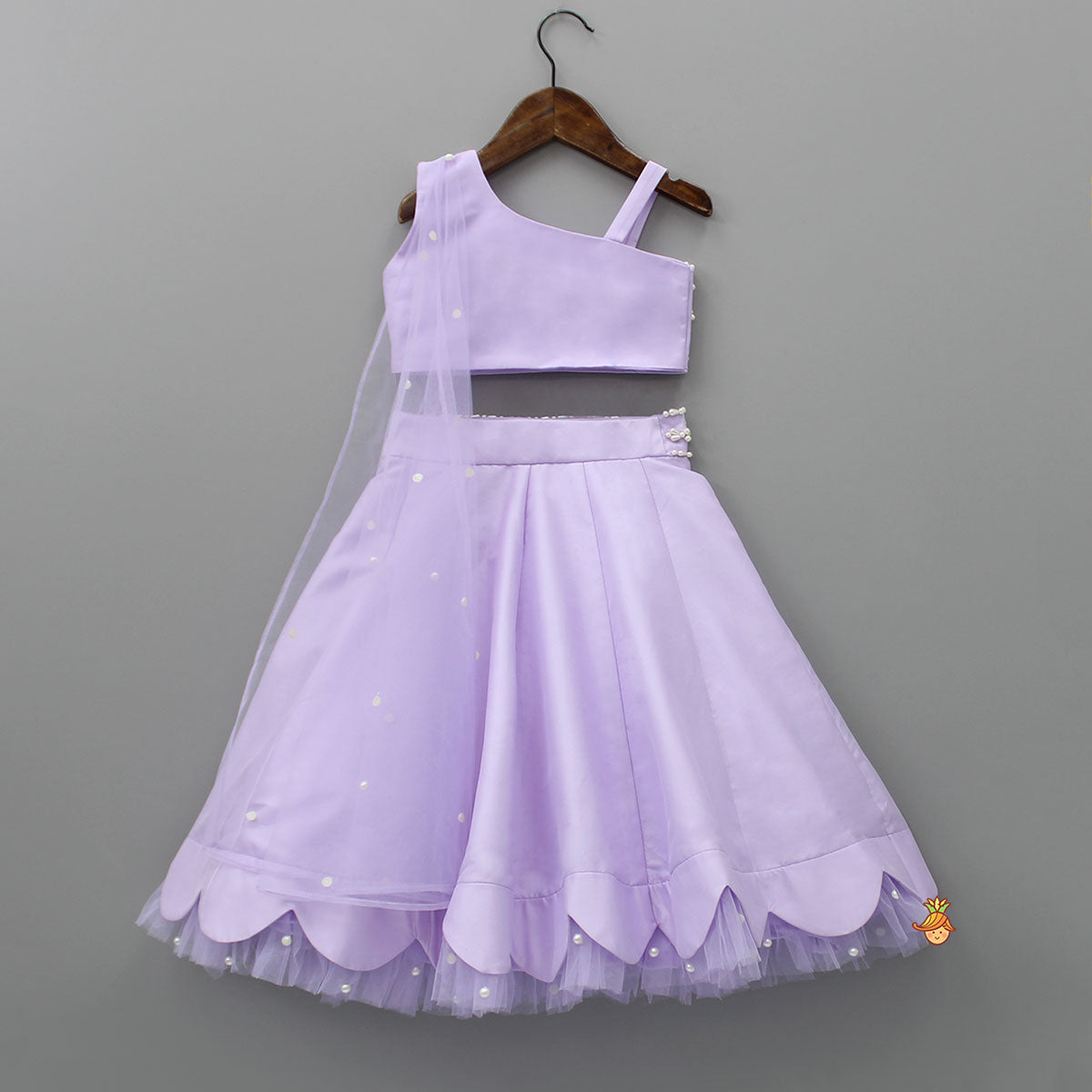 Pre Order: One Shoulder Lilac Drape Top And Scalloped Hem Lehenga