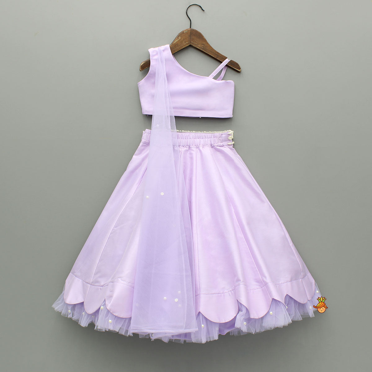 Pre Order: One Shoulder Lilac Drape Top And Scalloped Hem Lehenga