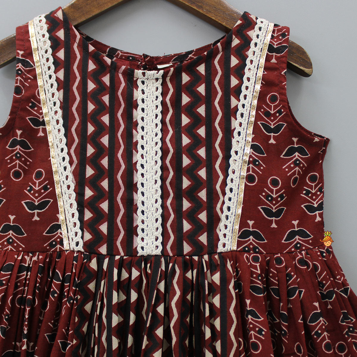 Pre Order: Lace Detail Yoke Printed Brown Kurti