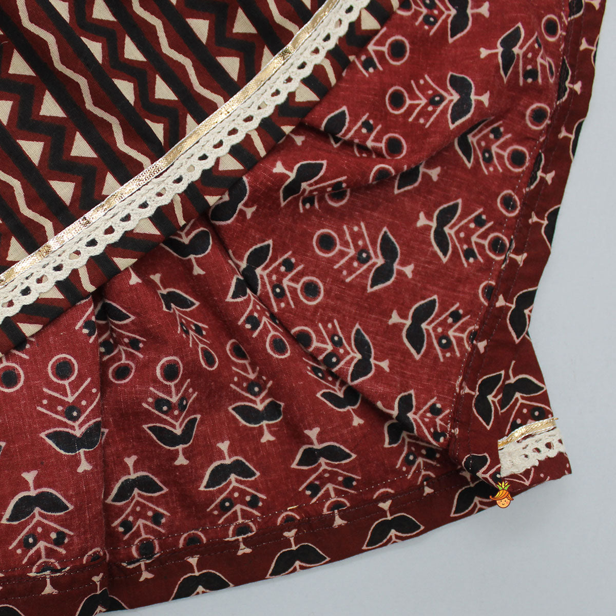 Pre Order: Lace Detail Yoke Printed Brown Kurti