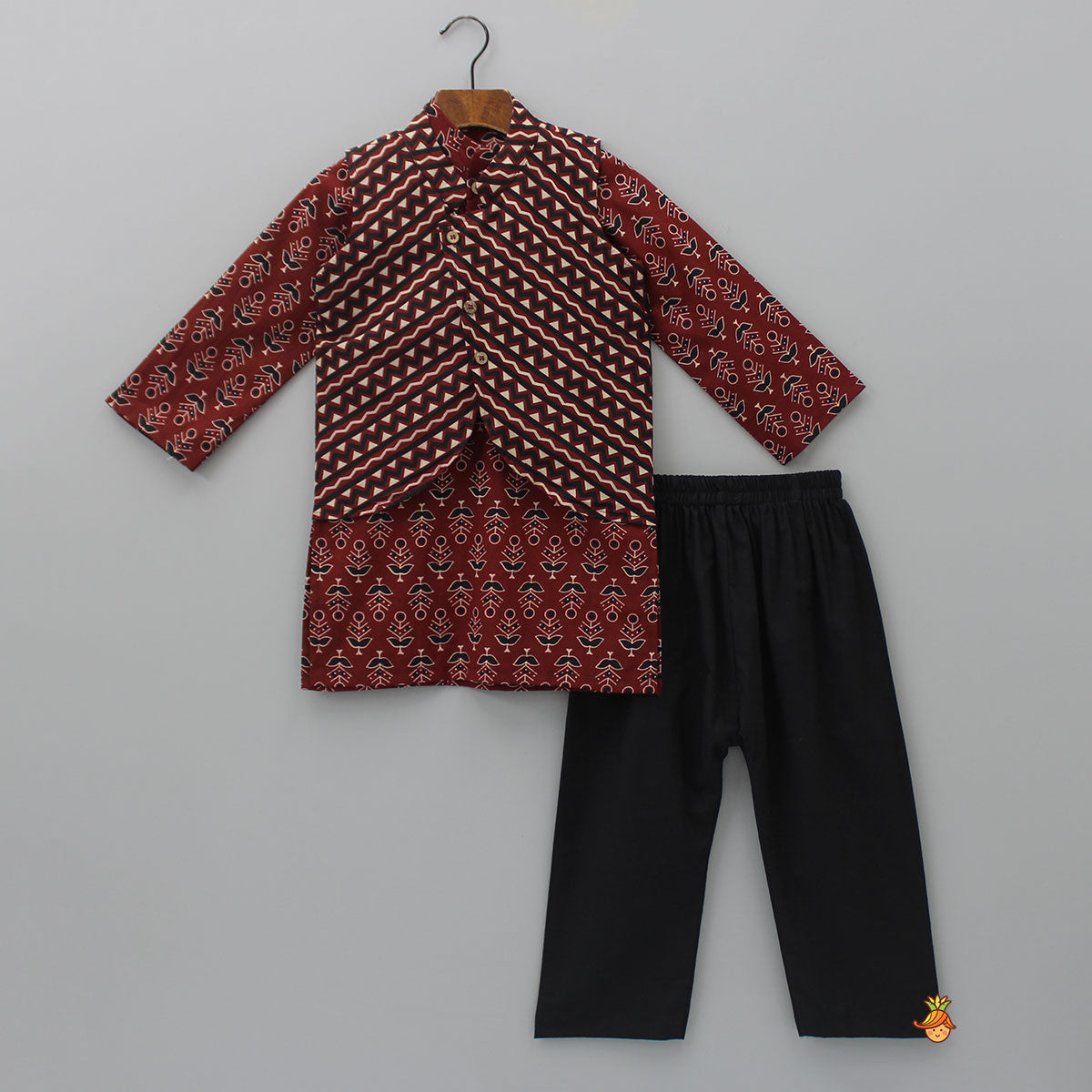 Pre Order: Pockets Detail Brown Kurta With Stylish Hem Printed Jacket And Pyjama