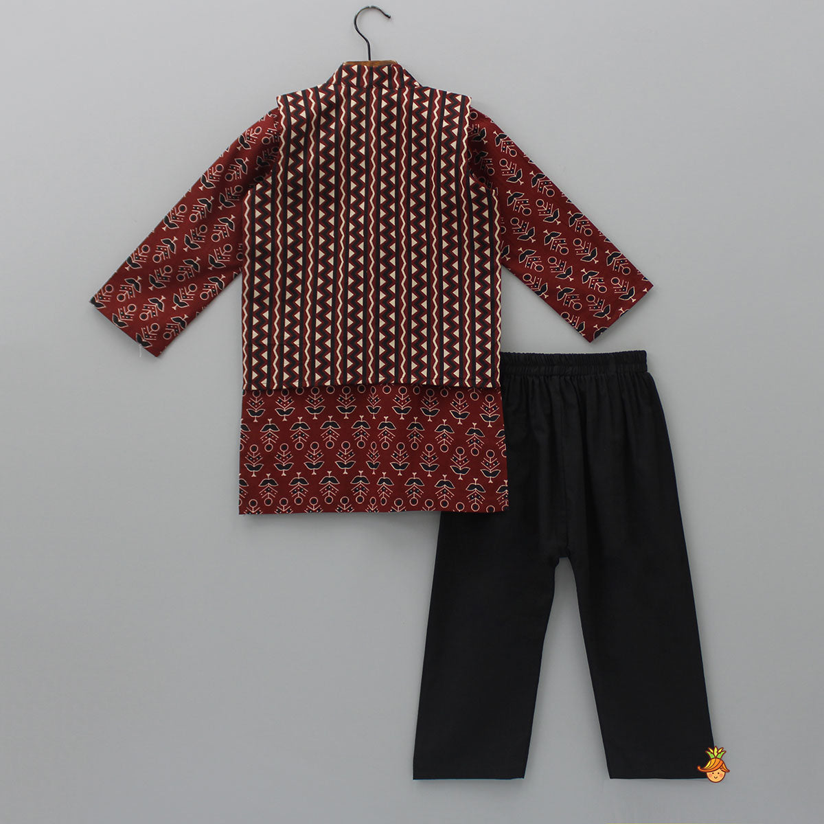 Pre Order: Pockets Detail Brown Kurta With Stylish Hem Printed Jacket And Pyjama
