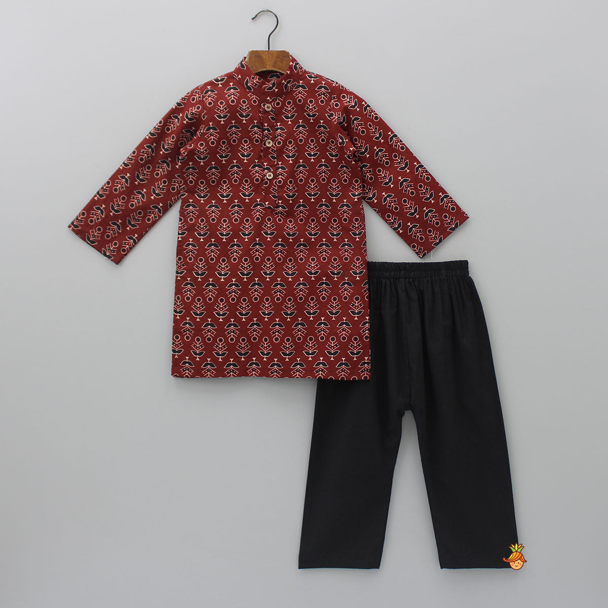 Pre Order: Pockets Detail Brown Kurta With Stylish Hem Printed Jacket And Pyjama
